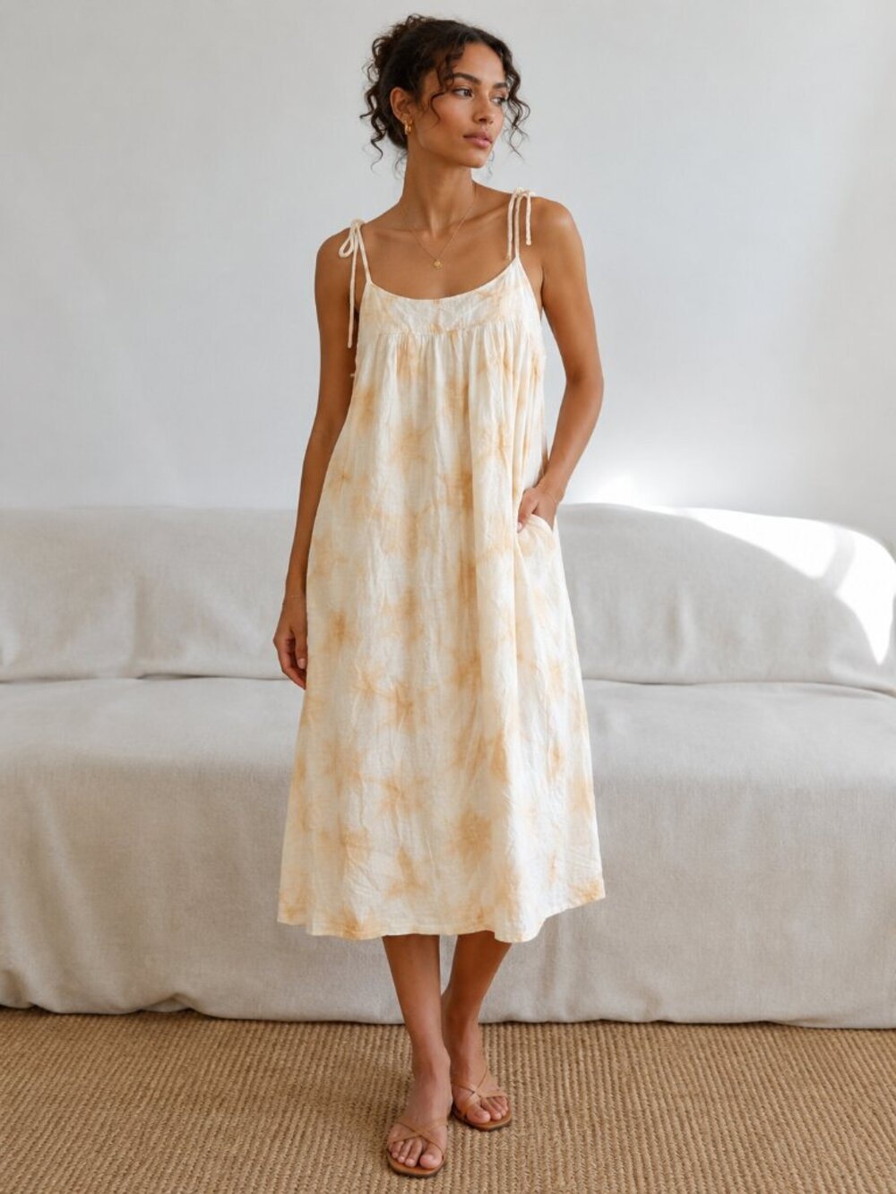 The Gap Tie Strap Cami Midi Dress Neutral Tie Dye White Cream Size Medium